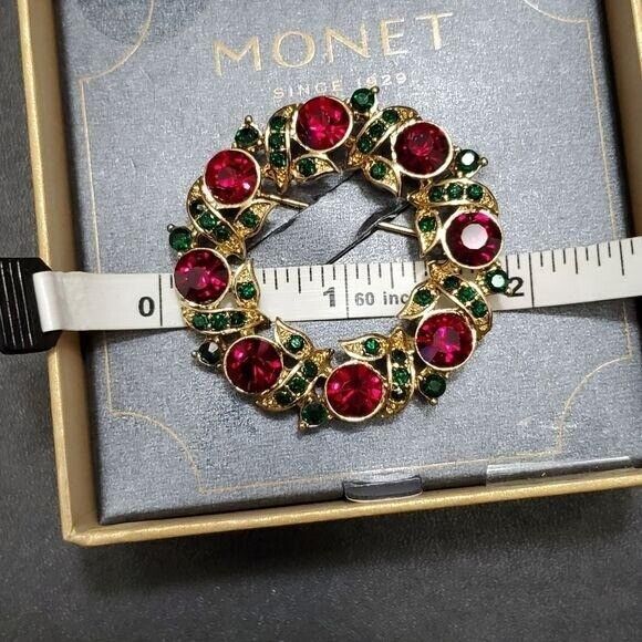 Monet gold tone red and green rhinestone brooch - Picture 4 of 5